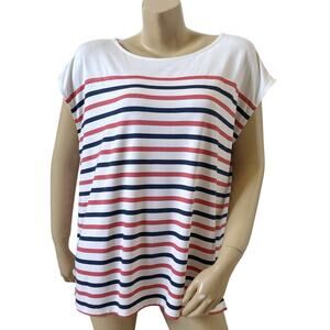 Lou & Grey Top Large Red Blue Striped Boat Neck Lightweight Rayon Blend Tee